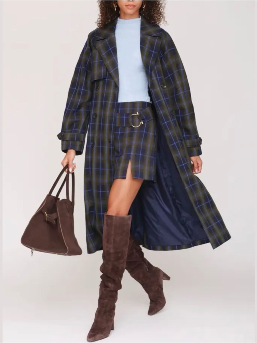 Avec Les Filles Double-Breasted Trench Coat Navy Plaid Large NWT - Picture 3 of 16